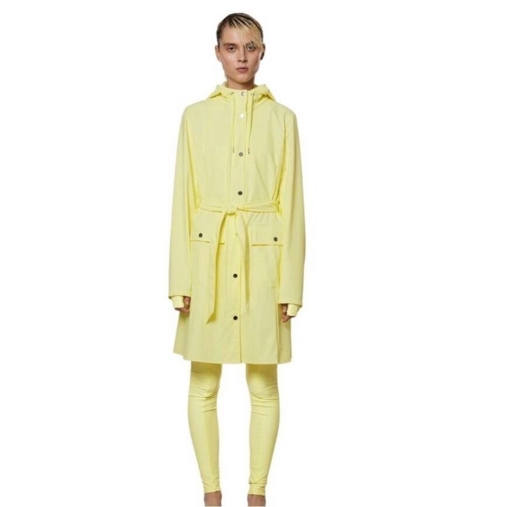 Rains Straw Yellow Curve Belt Waist Tie Waterproof Long Jacket